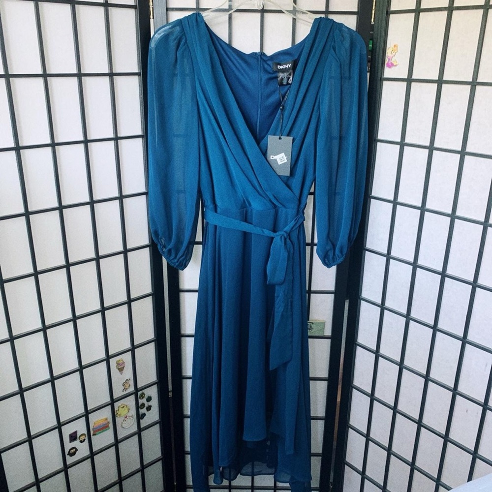 DKNY Blue Balloon-Sleeve Faux-Wrap Dress